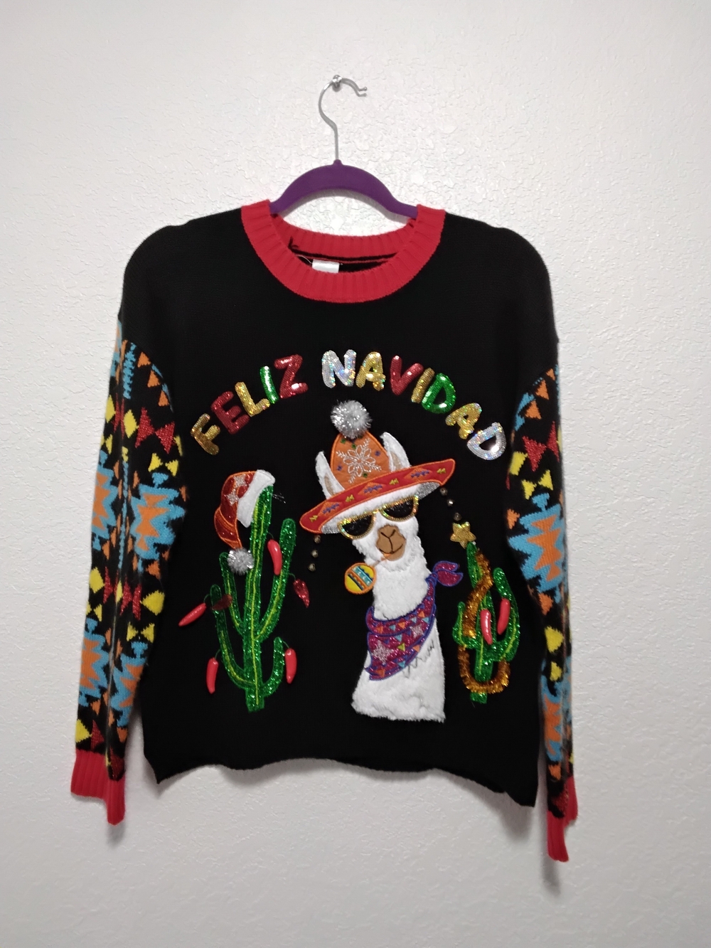 Holiday Time Black 'Feliz Navidad' Llama Holiday Sweater Size M 8-10